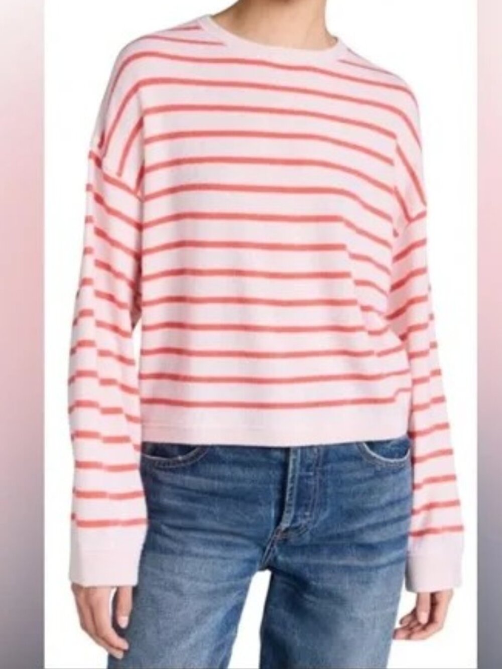 Joie Coral Pink Striped Pullover Sweater Size M 100% Cashmere Crew Neck Boxy - Picture 12 of 12